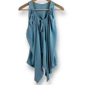 M Made Women's L Sleeveless Tulip Hem Layering Top Light Blue Tie Neck Lagenlook